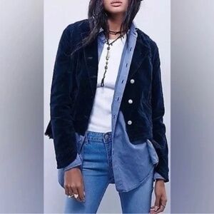 FREE PEOPLE Navy Blue Velvet Military Raw Hem Blazer